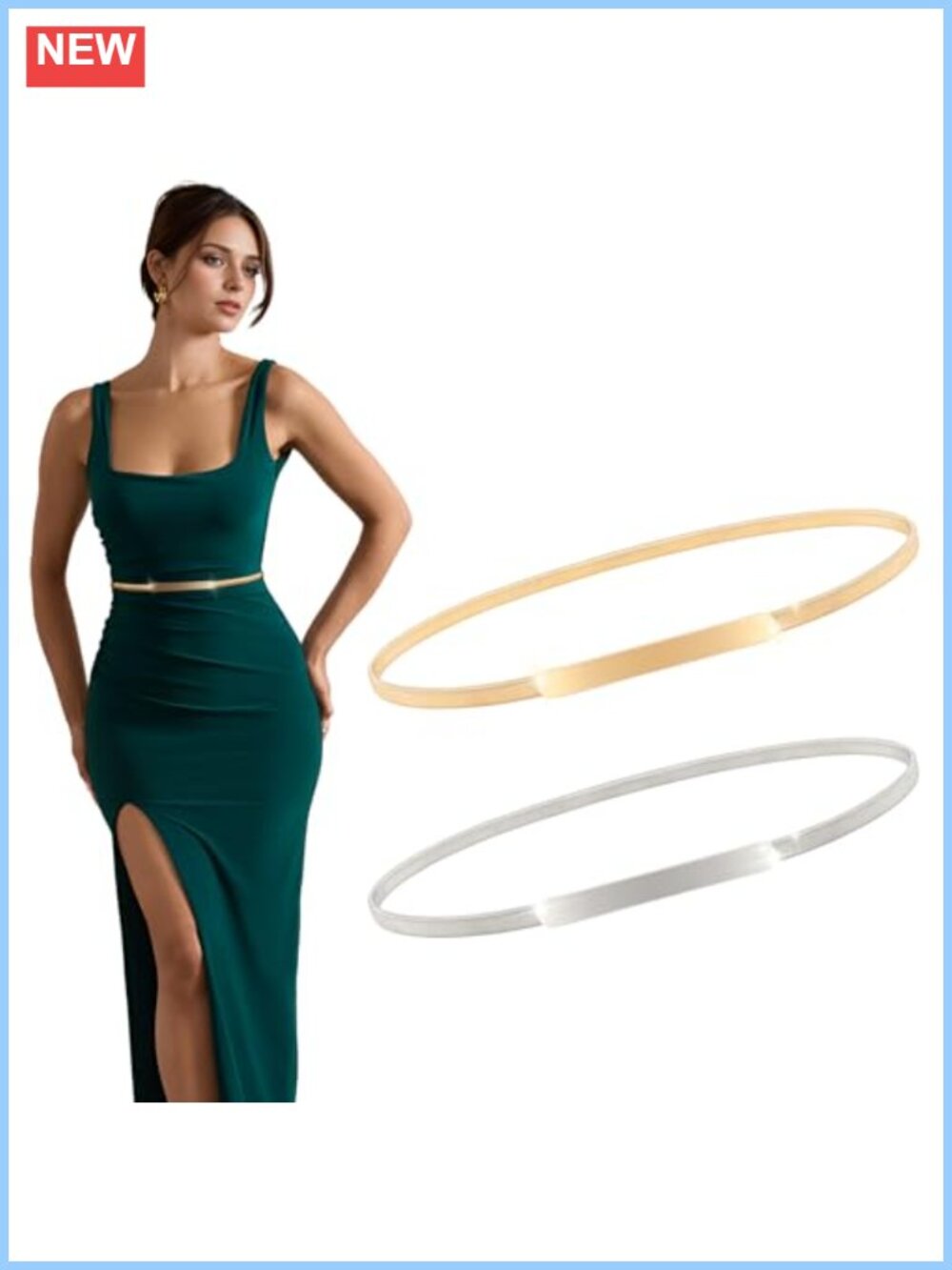 2 Pack Skinny Metal Chain Waist Belt Stretchy Cinch Saree Dress Belt Women